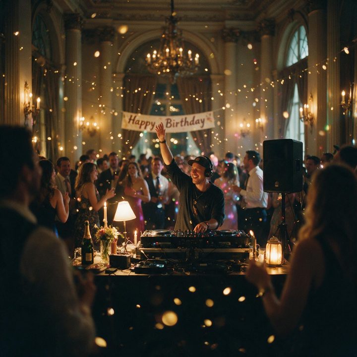 The DJ at the decks with one arm raised