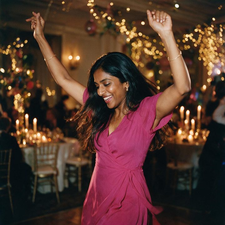 Priya dancing with her arms in the air